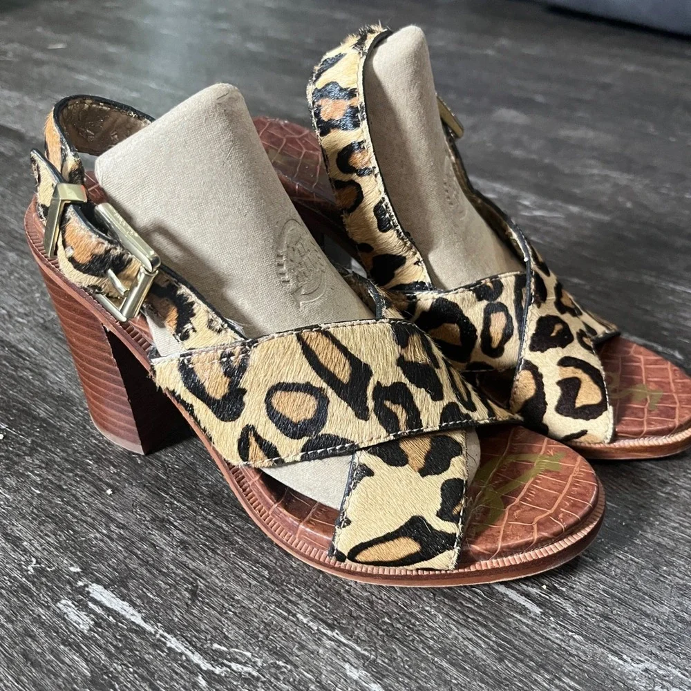 Sam Edelman Leopard Print Calf Hair Block Heel Sandals‎ Size 5.5 M